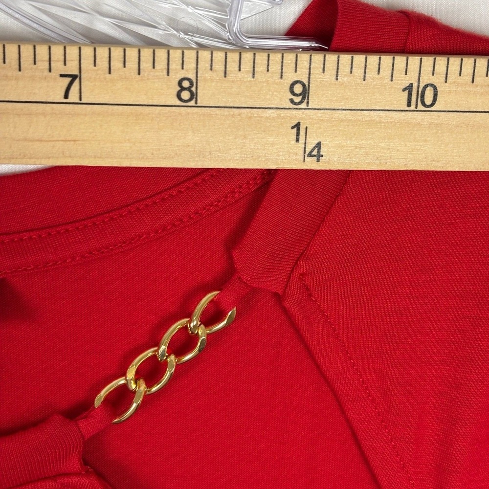 Michael Kors Top L Red Cutout Chain Neck Short Sleeve Chic Minimalist Festive - Picture 5 of 11